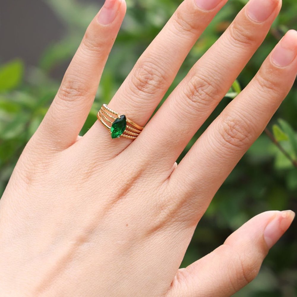 3/$35 18K Gold Plated Stacking Ring with Emerald Green Marquise Stone Dainty